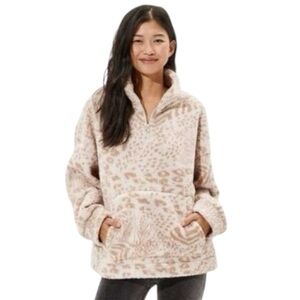 AMERICAN EAGLE Fleece Cheetah Print Sherpa Fleece Quarter-Zip Pullover Beige S